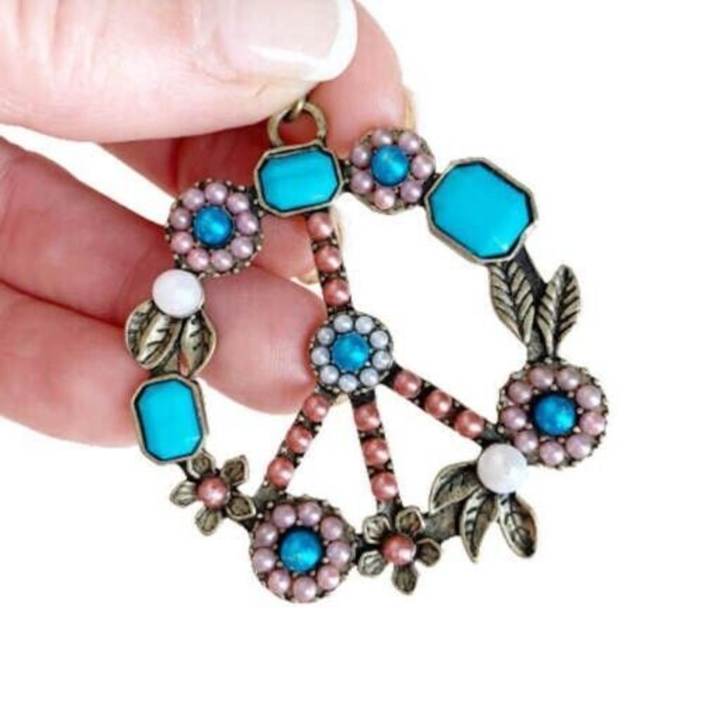 Peace Sign Necklace NEW Boho Festival Turquoise Gold Beaded Flower Retro NWT